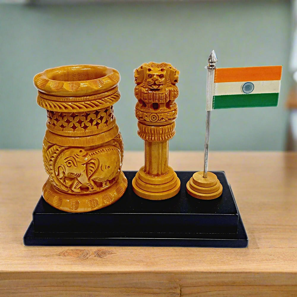 A luxurious wooden desk organizer made of top-quality wood with a carved Ashoka Stambh.