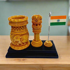 A luxurious wooden desk organizer made of top-quality wood with a carved Ashoka Stambh.