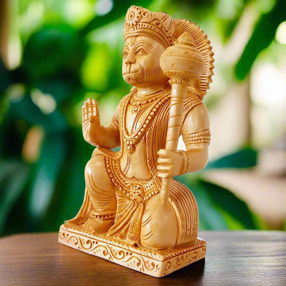 Wooden Hanuman ji statue known as Mahavir and Bajrangbali, carved with artisan skill and precision