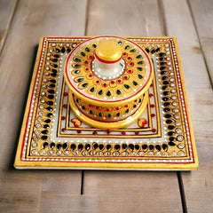 Unique pure marble container with tray, decorated with hand painting and kundan work, perfect for wedding gifting.