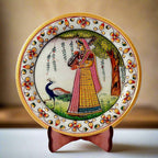 Handmade marble decorative plate featuring vibrant lady artwork and included wooden display stand