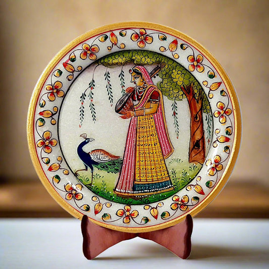 Handmade marble decorative plate featuring vibrant lady artwork and included wooden display stand
