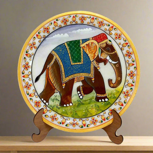 Handmade round marble plate with beautiful elephant painting and included wooden stand