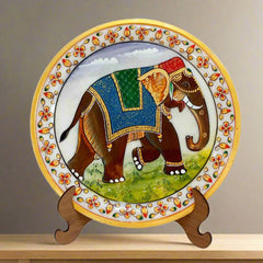 Handmade round marble plate with beautiful elephant painting and included wooden stand
