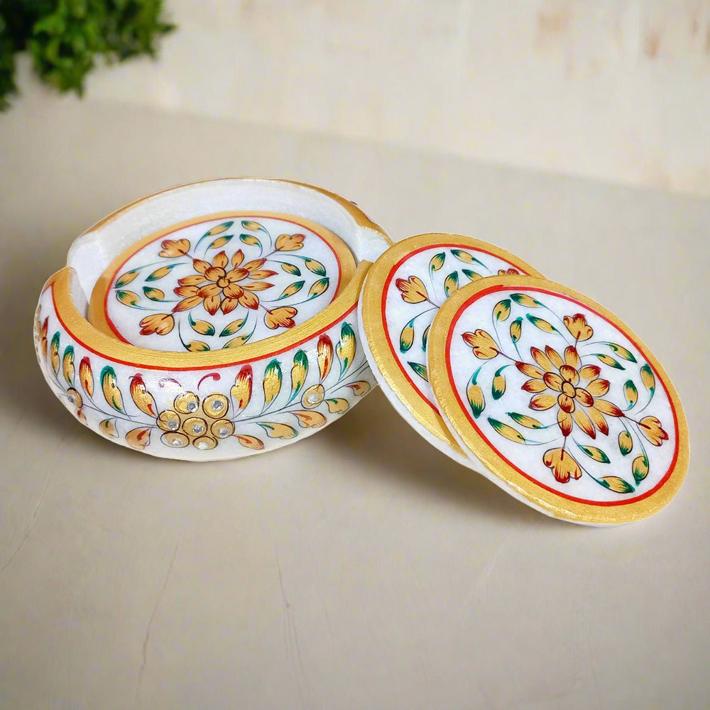 Hand-painted Makrana marble tea coaster set 6 pieces with holder.