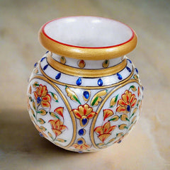 A round marble Gangajal pot with colorful emboss painting, a great gift item for worship.