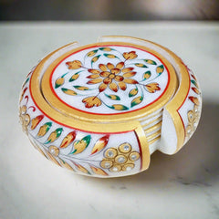 Round floral hand-painted marble tea coaster 12cm diameter