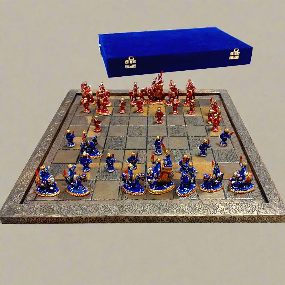Meenakari chess set arranged on board with velvet box antique display.