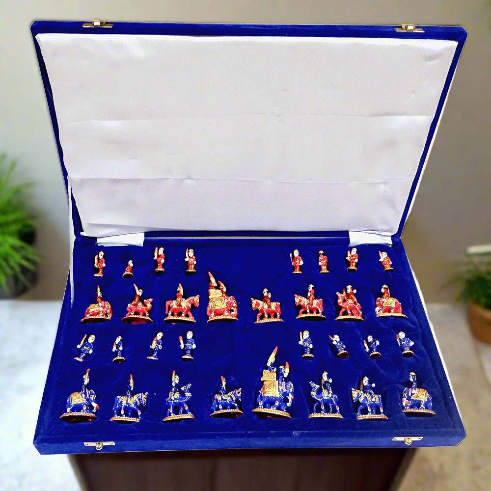 Handcrafted Meenakari metal chess set with Ambari elephants pieces board and velvet box.