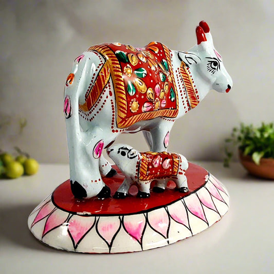Side profile of Meenakari cow statue with calf, vibrant red Kamdhenu design in metal – symbol of happiness for office or gifting.