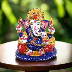 Meenakari Ganesha idol with hand-painted blue, red and white enamels, ideal for home decor, puja, car dashboard and gifting