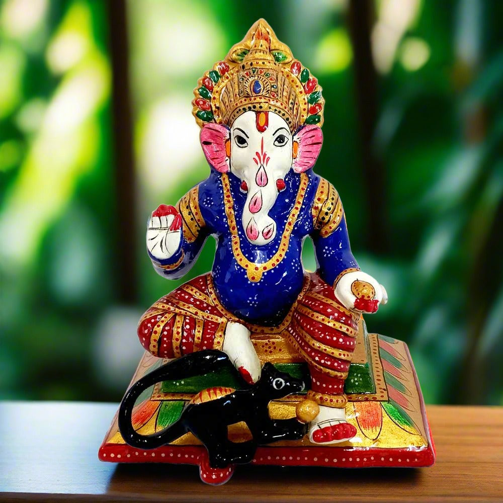Meenakari Ganesha idol seated on chowki with rat eating laddoos, hand-painted metal for home decor and gifting