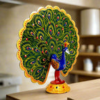 Meenakari painted metal peacock showpiece with long wings, perfect decorative item for home and gifting
