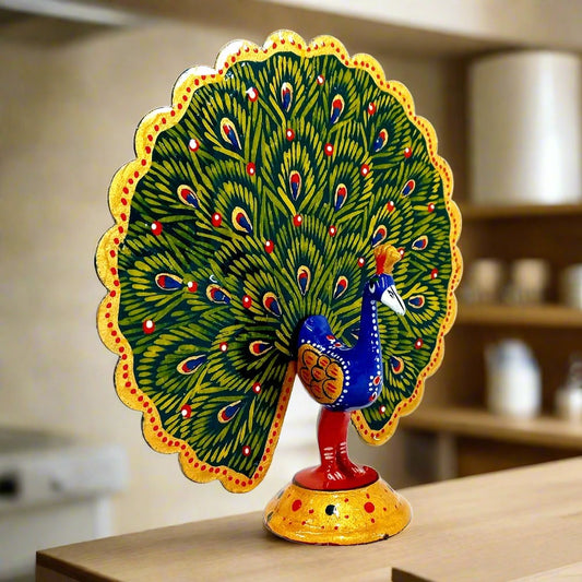 Meenakari painted metal peacock showpiece with long wings, perfect decorative item for home and gifting