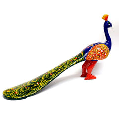 Meenakari painted metal peacock showpiece with long wings, perfect decorative item for home and gifting