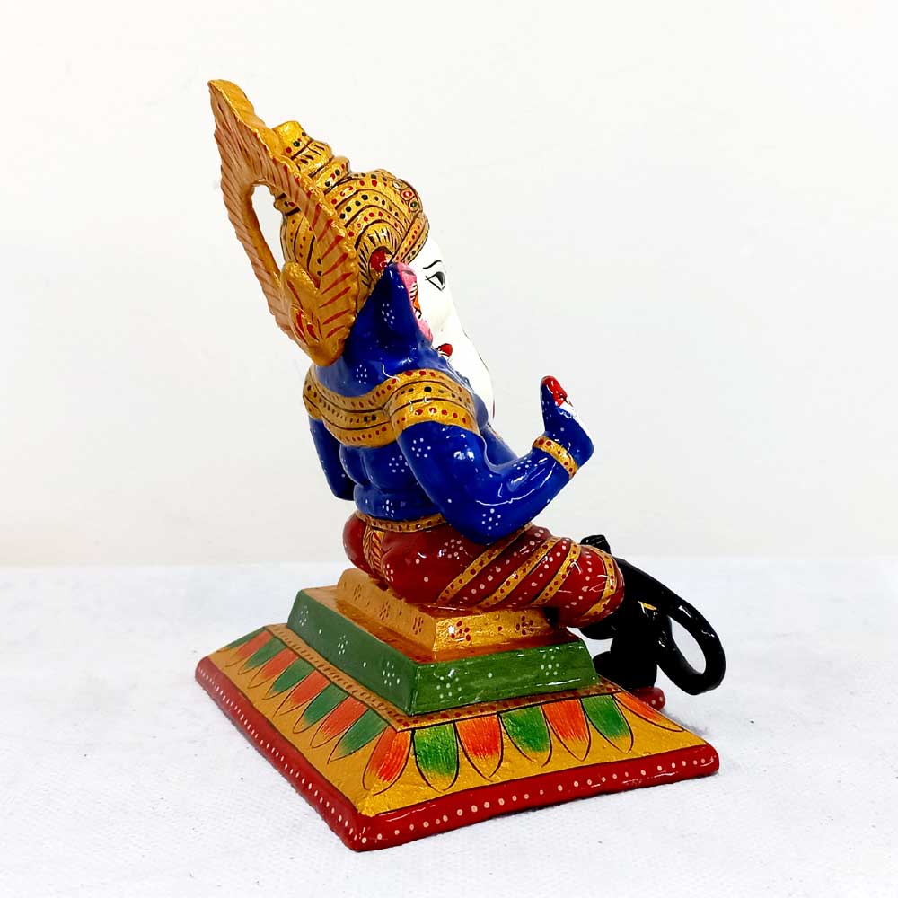 Meenakari Ganesha idol giving blessings, holding laddoos, with rat figure, made of metal for pooja and decor