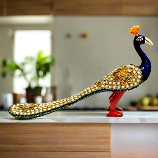 Metal embellished peacock with long feathers, enamel painting, stones and pearls for home decor and gifting