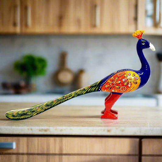 Metal embellished peacock with long feathers, enamel painting, decorated with stones and pearls, ideal for home decor and gifting