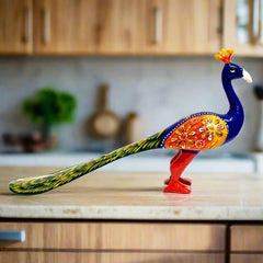 Metal embellished peacock with long feathers, enamel painting, decorated with stones and pearls, ideal for home decor and gifting