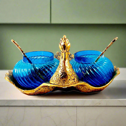 Metal and glass duck design bowl set with two turquoise bowls and two spoons, ideal for serving dry fruits or pickles.