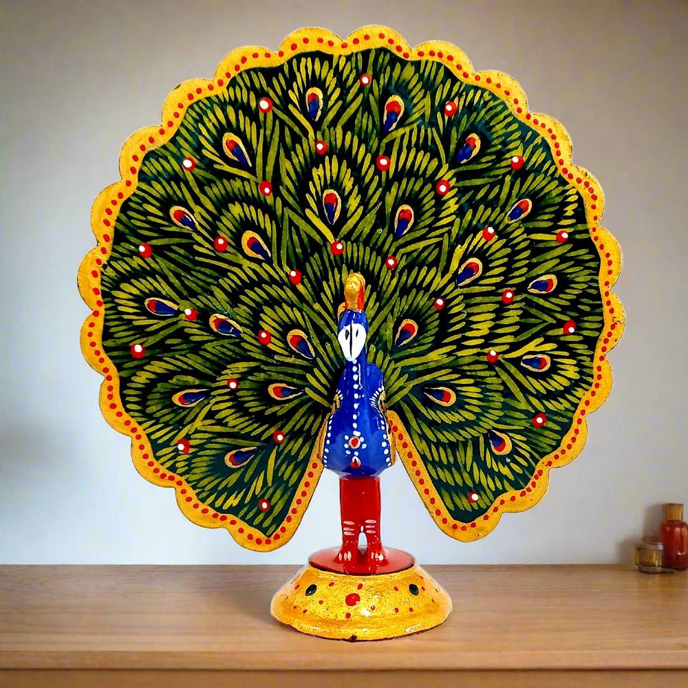 Metal meenakari dancing peacock idol with hand-painted feathers, decorative and ideal for home decor and gifting