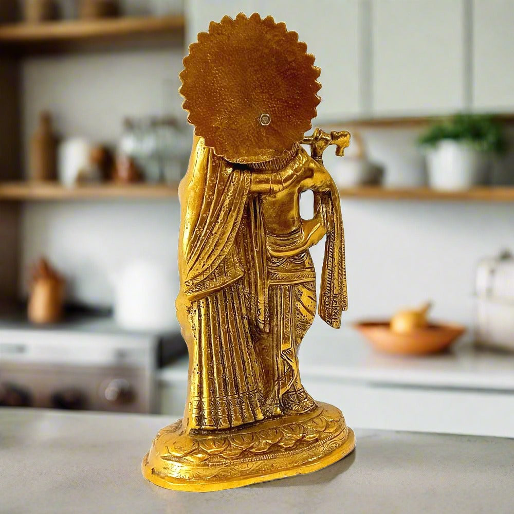A beautiful standing Radha Krishna idol with Lord Shri Krishna playing the flute, perfect for a pooja 
