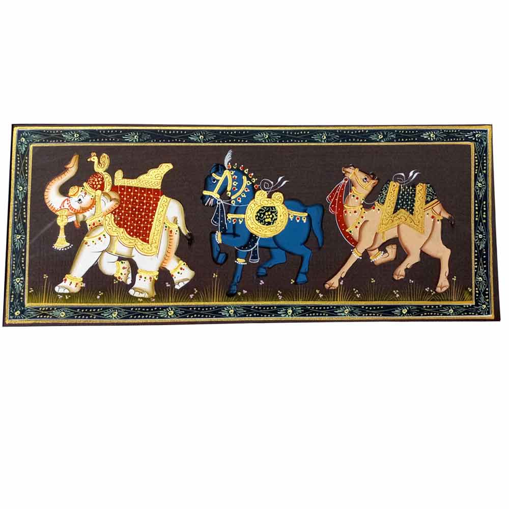 Front view traditional miniature elephants horses camels silk painting rich texture