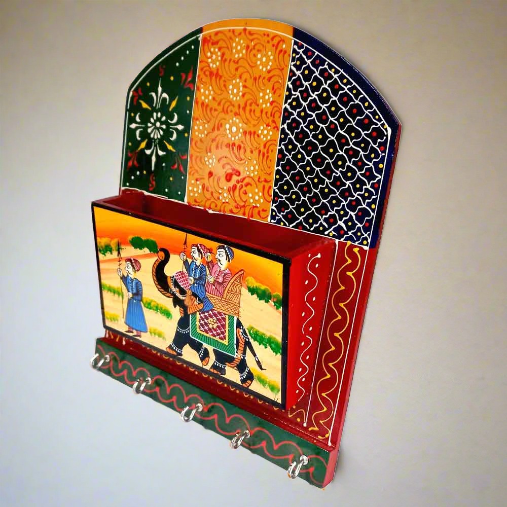 Close-up magnificent miniature painting on dried wood key holder traditional Rajasthan art