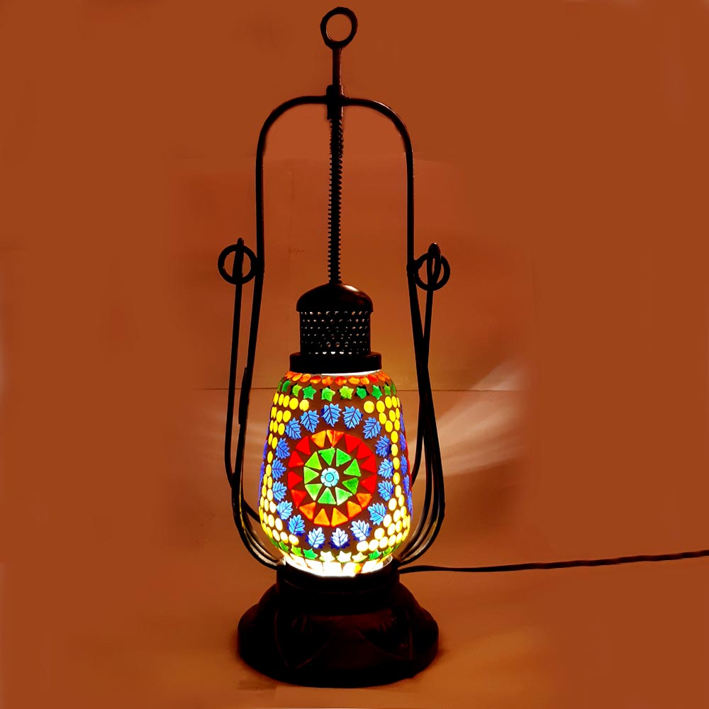 Lantern-shaped table and wall hanging lamp featuring mosaic art with small crystals, crafted from glass, metal, and wood.