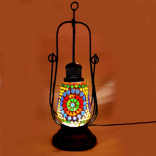 Lantern-shaped table and wall hanging lamp featuring mosaic art with small crystals, crafted from glass, metal, and wood.