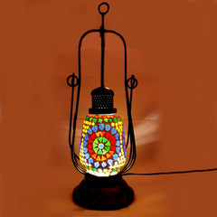 Lantern-shaped table and wall hanging lamp featuring mosaic art with small crystals, crafted from glass, metal, and wood.