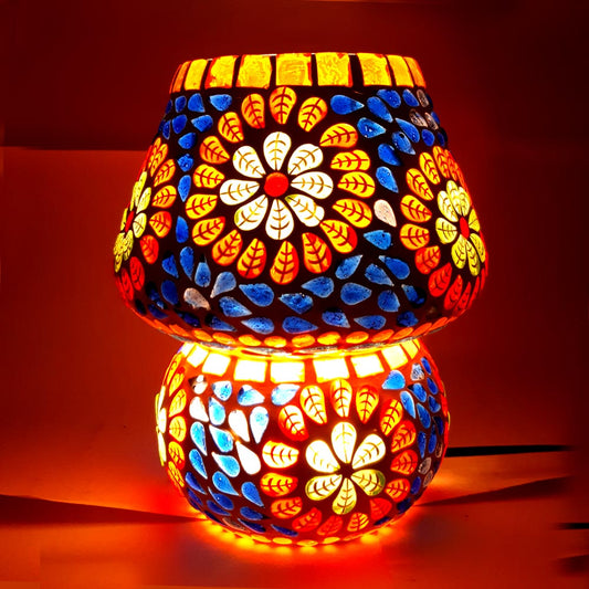 Colorful mosaic glass table lamp featuring intricate patterns, perfect for home and office decor