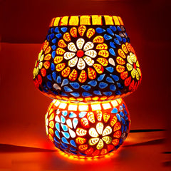 Colorful mosaic glass table lamp featuring intricate patterns, perfect for home and office decor