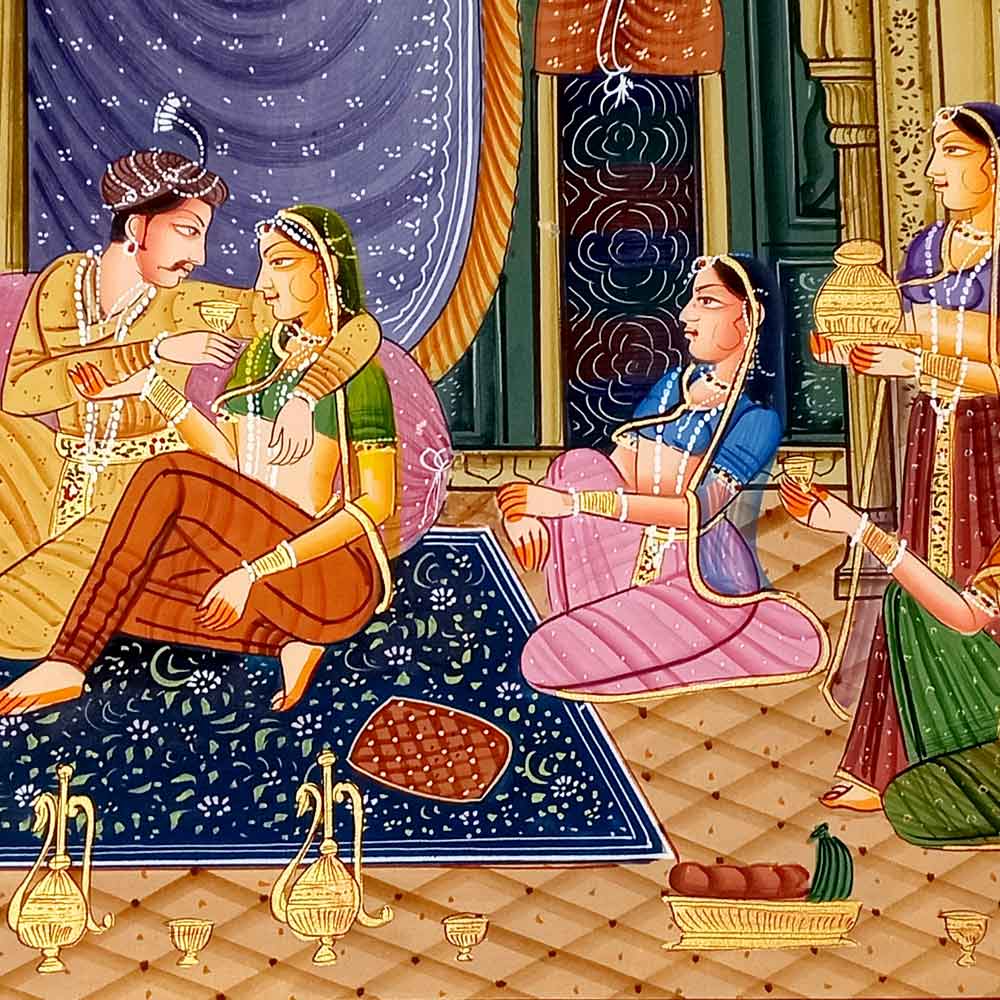 Close-up rich colorful Mughal kings queens lifestyle with fine detail work on silk