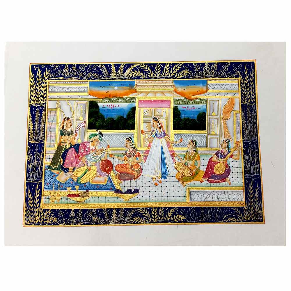 Front view royal Mughal couple miniature silk painting showing love life with music dancing