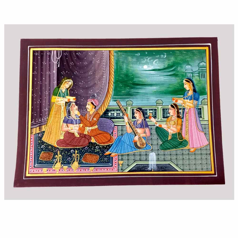 Handmade Mughal miniature painting on silk fabric 33x22cm depicting royal emperor story by Rajasthan rural artisans
