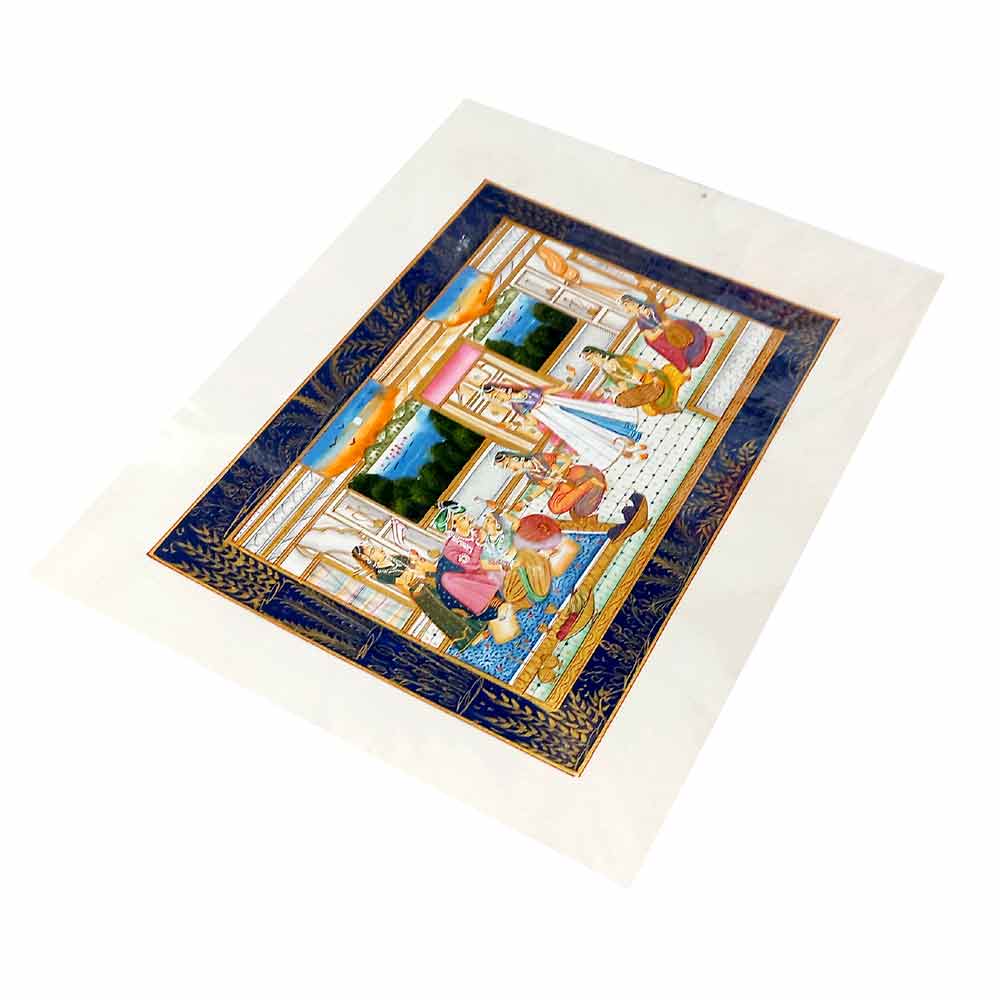 Side profile 25x18cm Mughal love painting showcasing artisan skill and palace river backdrop