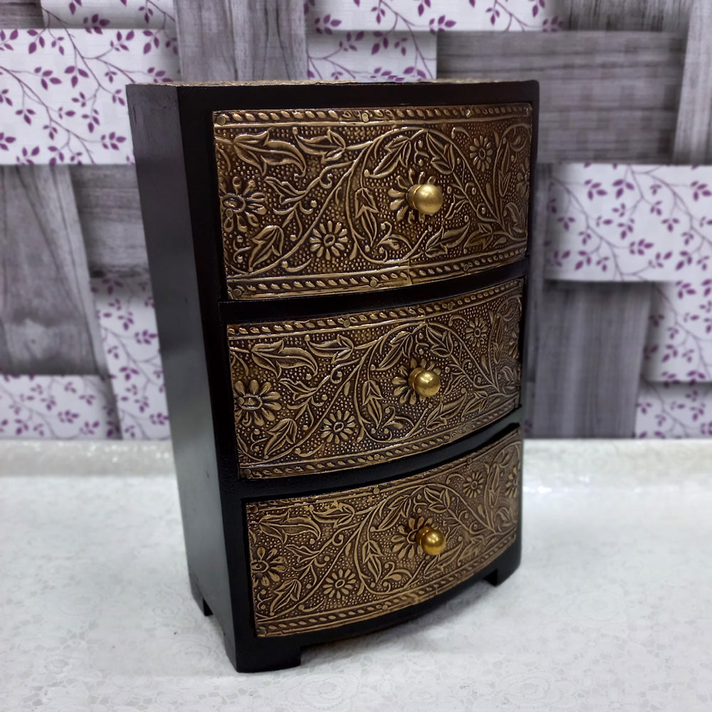 Multi-layer vintage drawer box made of wood and metal with decorative floral antique metal sheets, ideal for jewelry storage.