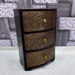Multi-layer vintage drawer box made of wood and metal with decorative floral antique metal sheets, ideal for jewelry storage.