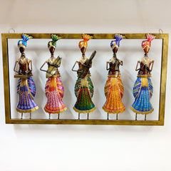Metal wall hanging frame showcasing musician figures playing instruments, inspired by Rajasthan folk art.
