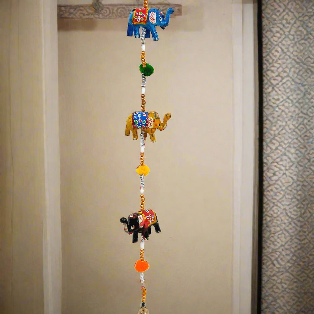 Five papier-mâché elephants toran with golden bell, beads, and threads for festive doorway decor