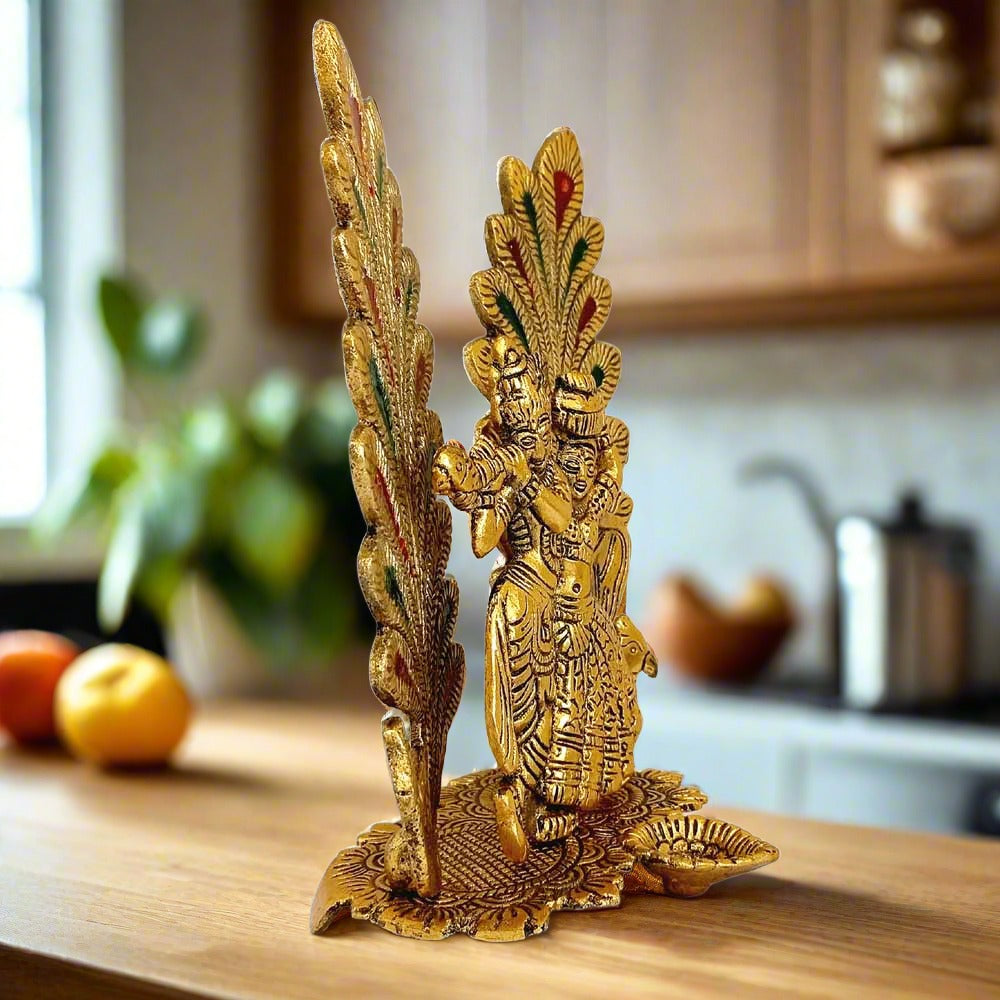 Side angle 18cm Radha Krishna peacock backdrop pooja decor