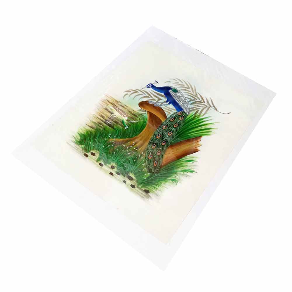 Side profile 26x23cm peacock silk painting showcasing spectacular bird artistry