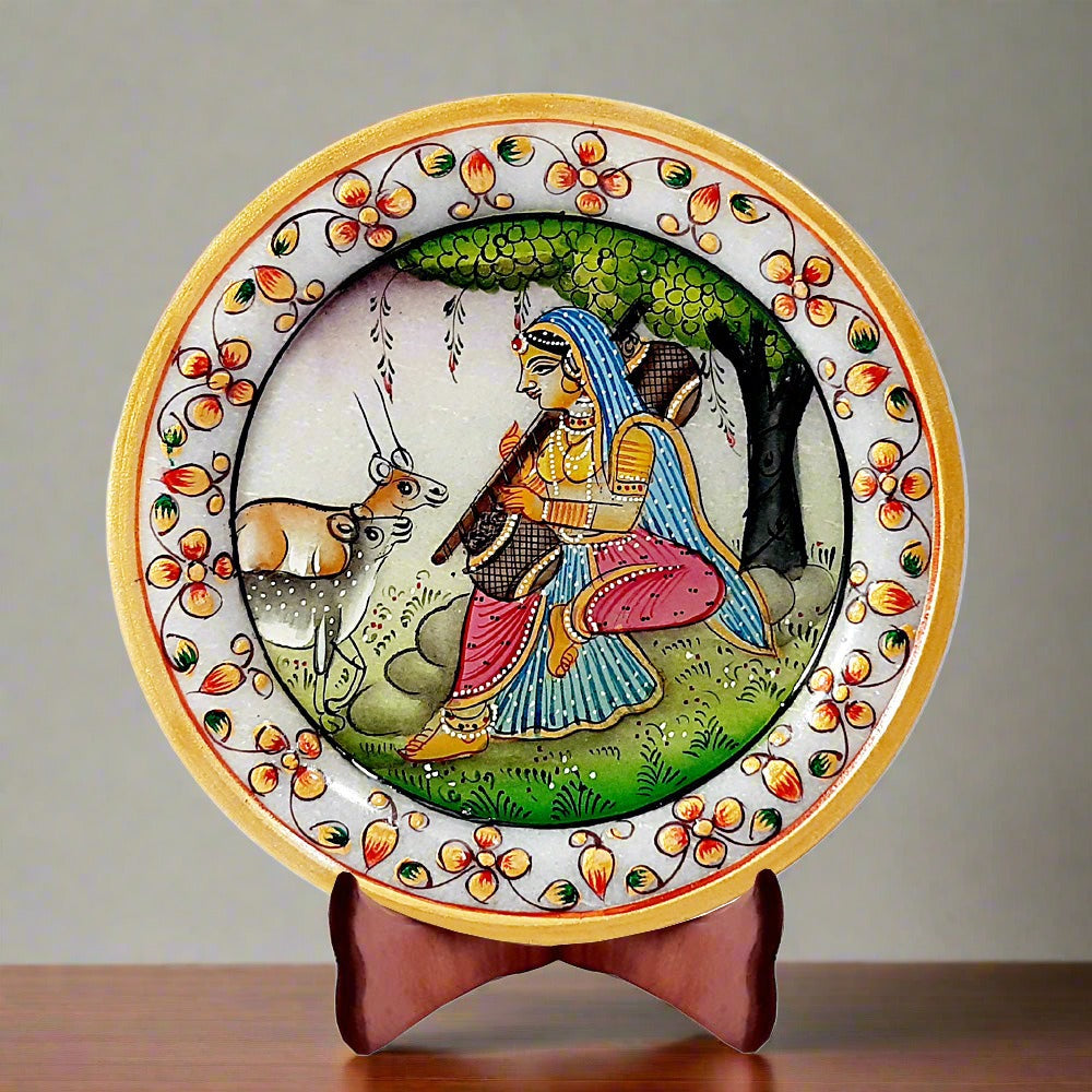 Pure marble plate showcasing colorful Rajasthani lady painting, suitable for home or office display