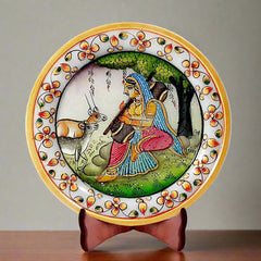 Pure marble plate showcasing colorful Rajasthani lady painting, suitable for home or office display