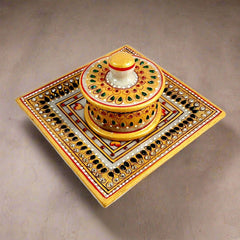 Elegant marble container and tray set for weddings, adorned with hand painting and studded with kundan.