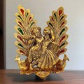 18cm golden Radha Krishna metal statue with diya dancing peacocks