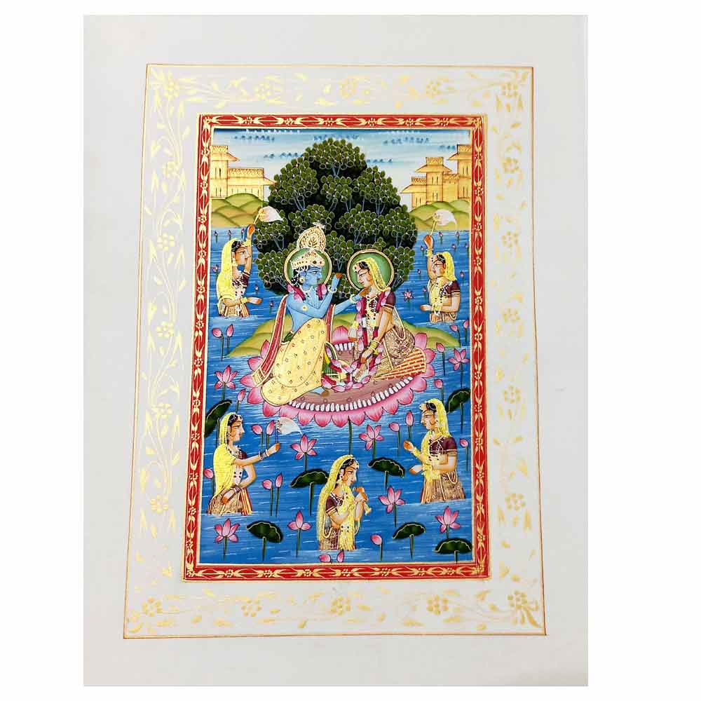 Front view Radha Krishna on lotus silk painting with maids majestic tree details