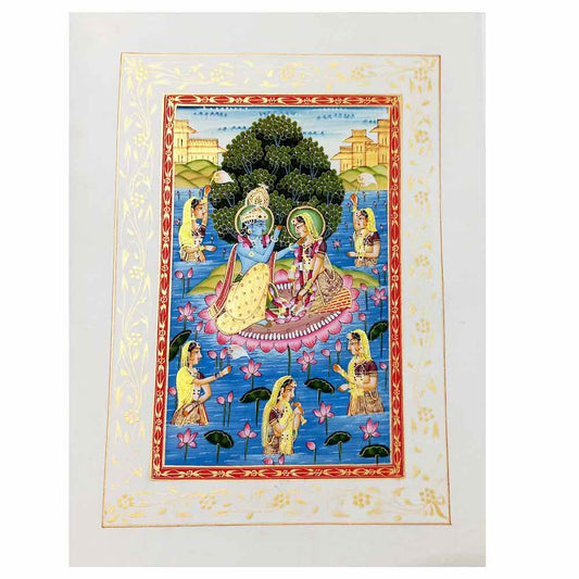 Front view Radha Krishna on lotus silk painting with maids majestic tree details