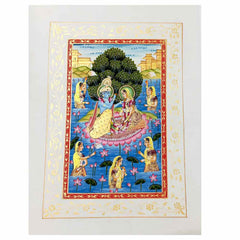 Front view Radha Krishna on lotus silk painting with maids majestic tree details